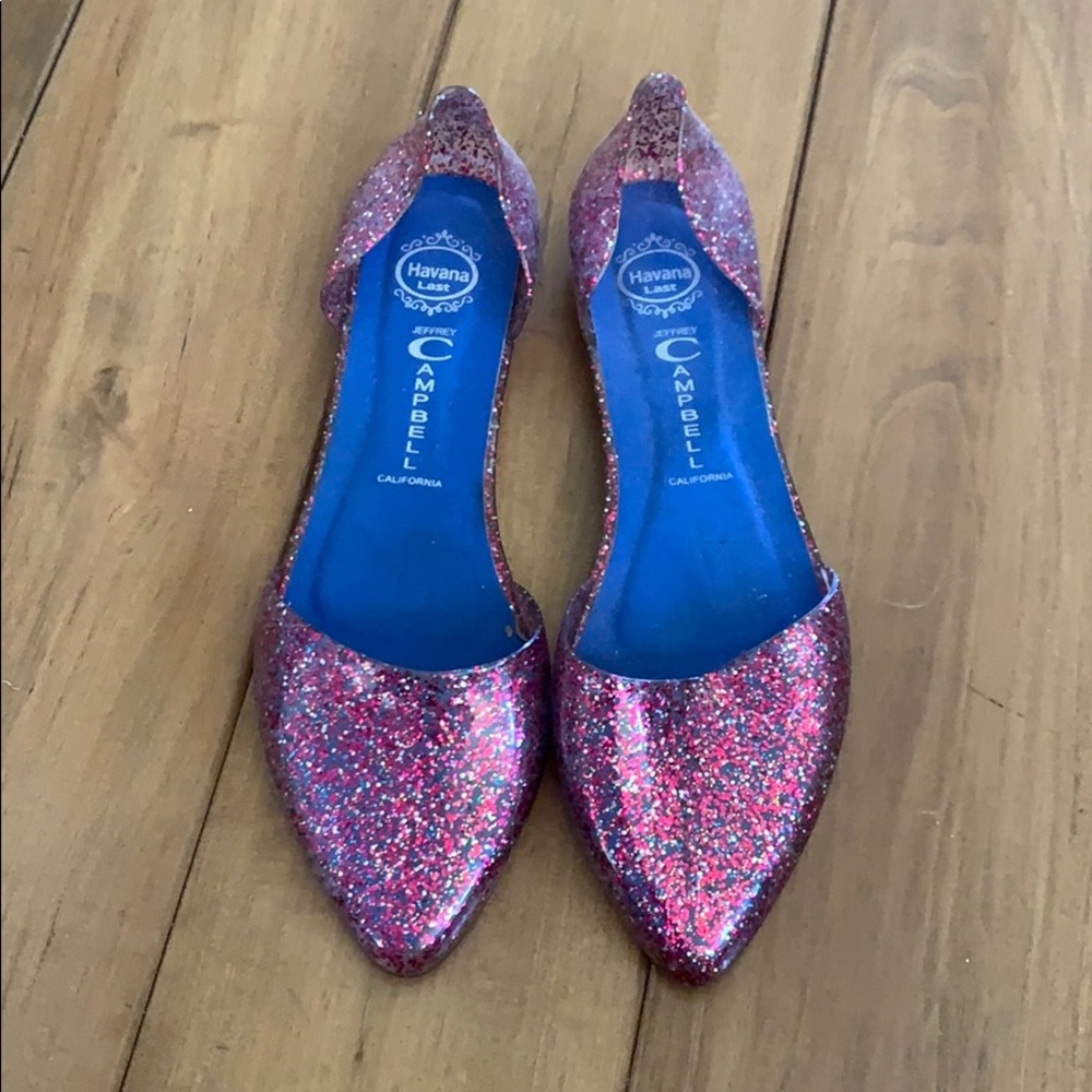 Jeffrey Campbell pink glitter jelly flats